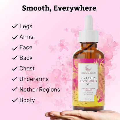Caramela Beauty Cyperus Rotundus Oil for Natural Hair Reduction, 60ml After-Shave and Post-Wax Moisturizer with Jojoba, Rosehip and Sweet Almond Oils for Silky Smooth Skin, All Skin Types