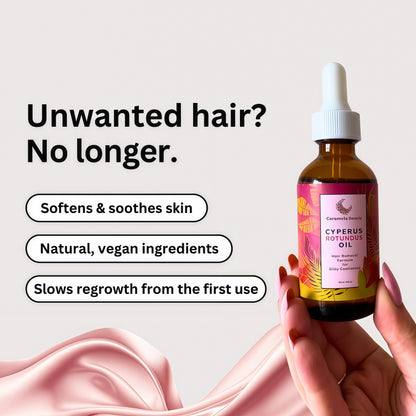 Caramela Beauty Cyperus Rotundus Oil for Natural Hair Reduction, 60ml After-Shave and Post-Wax Moisturizer with Jojoba, Rosehip and Sweet Almond Oils for Silky Smooth Skin, All Skin Types